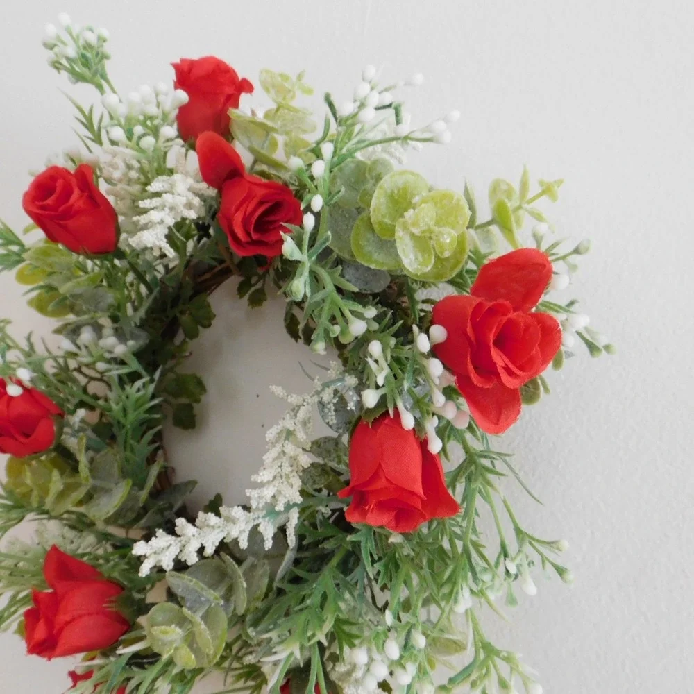 Dusty‎ Miller Mini Wreath Eucalyptus Red Roses Candle Ring Wedding decor